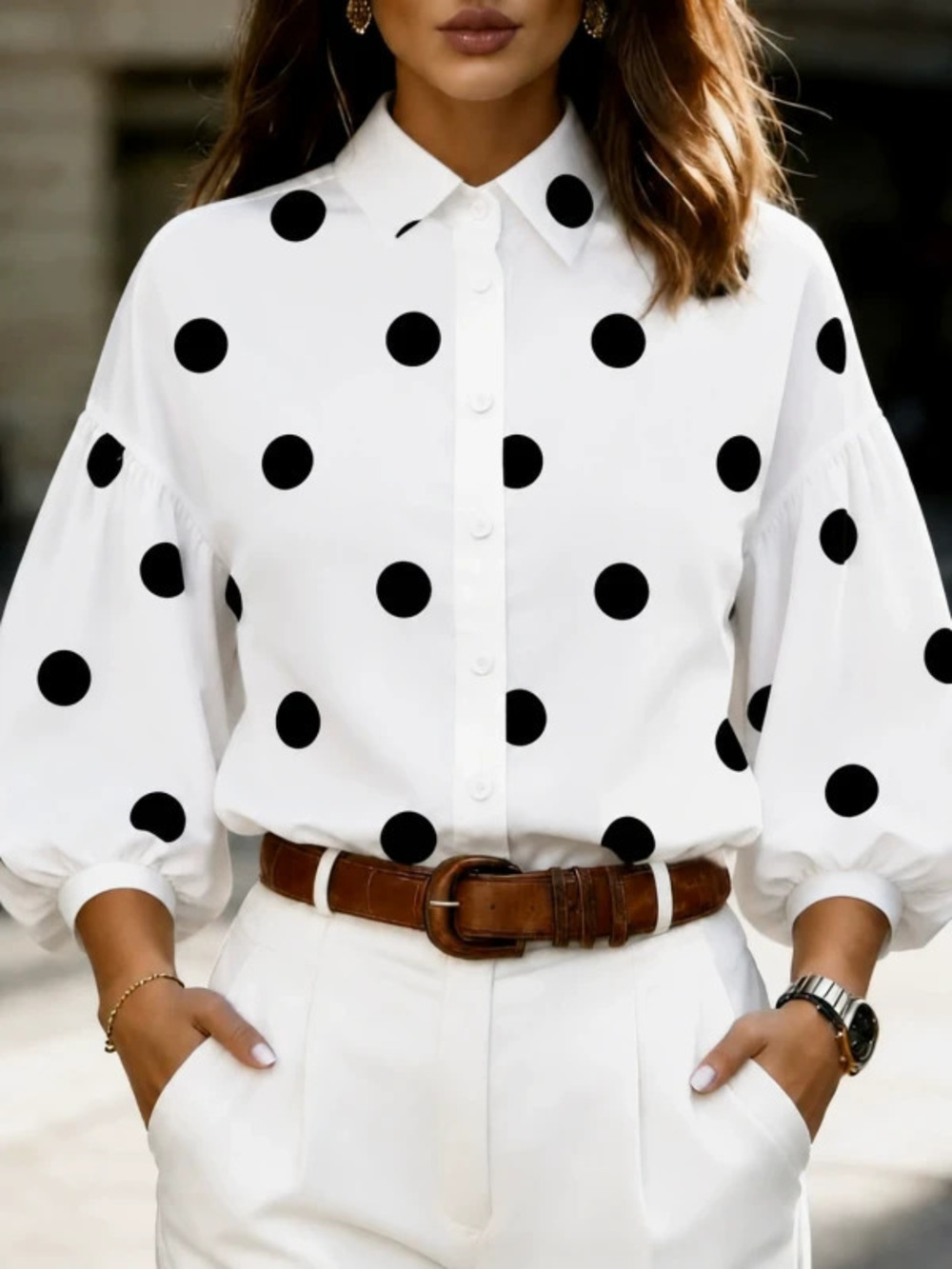 ZARA Trendy French Style Polka Dot Collar Loose Puff Sleeve Top